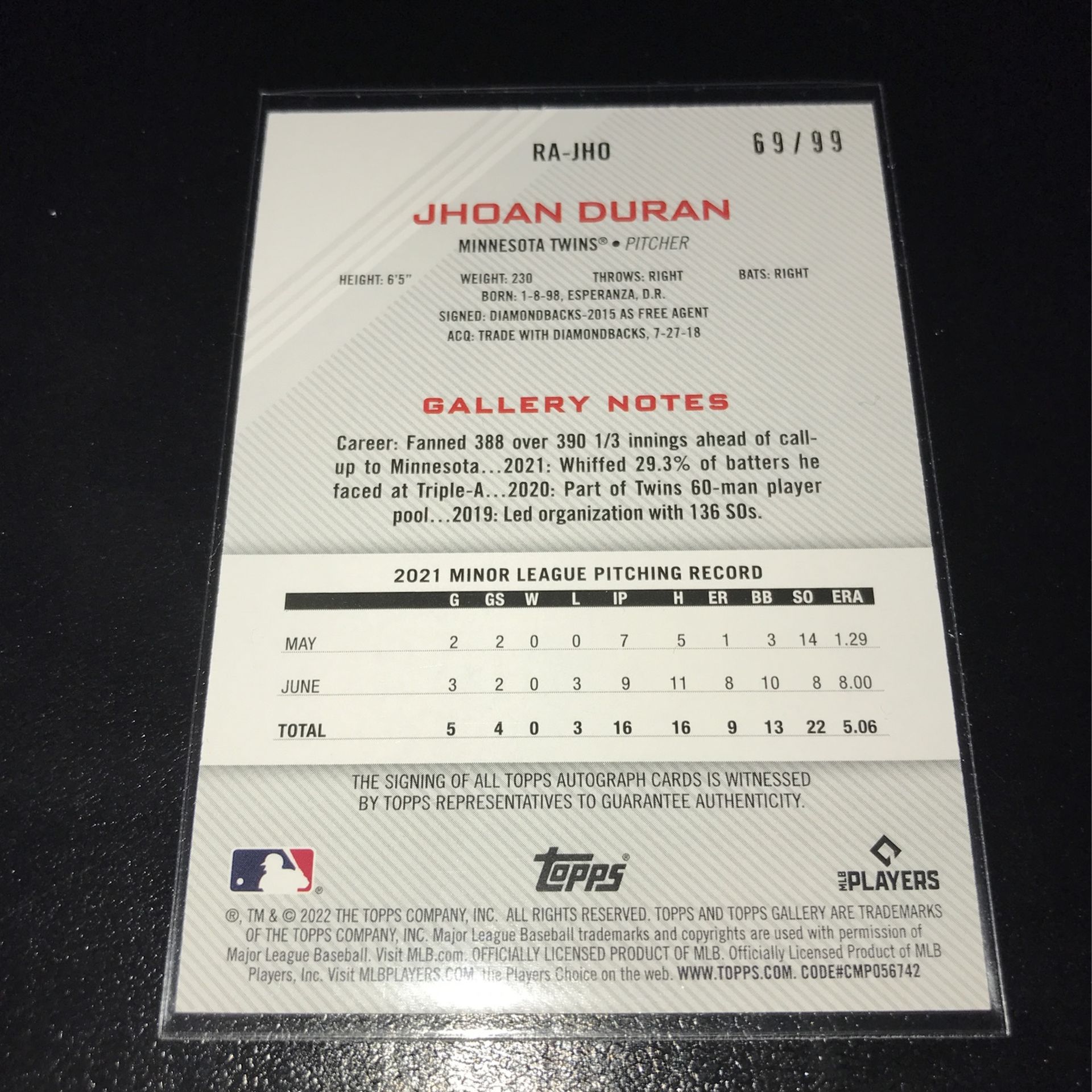 Jhoan Duran Minnesota Twins - 2022 Topps Gallery Baseball Rookie Card (RC)