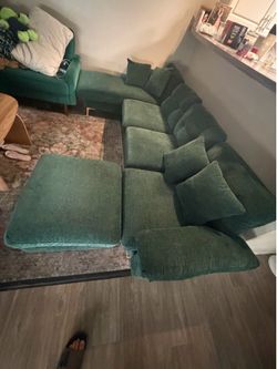 Velvet green couch with ottoman