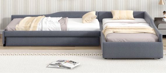 Upholstered L-Shape Double Twin Plotform Beds With Trundle