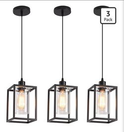 Set of 3 Black Pendant Lights for Kitchen Island Industrial Lantern Pendant Light Fixtures with Clear Glass Shade, Farmhouse Adjustable Height Hanging