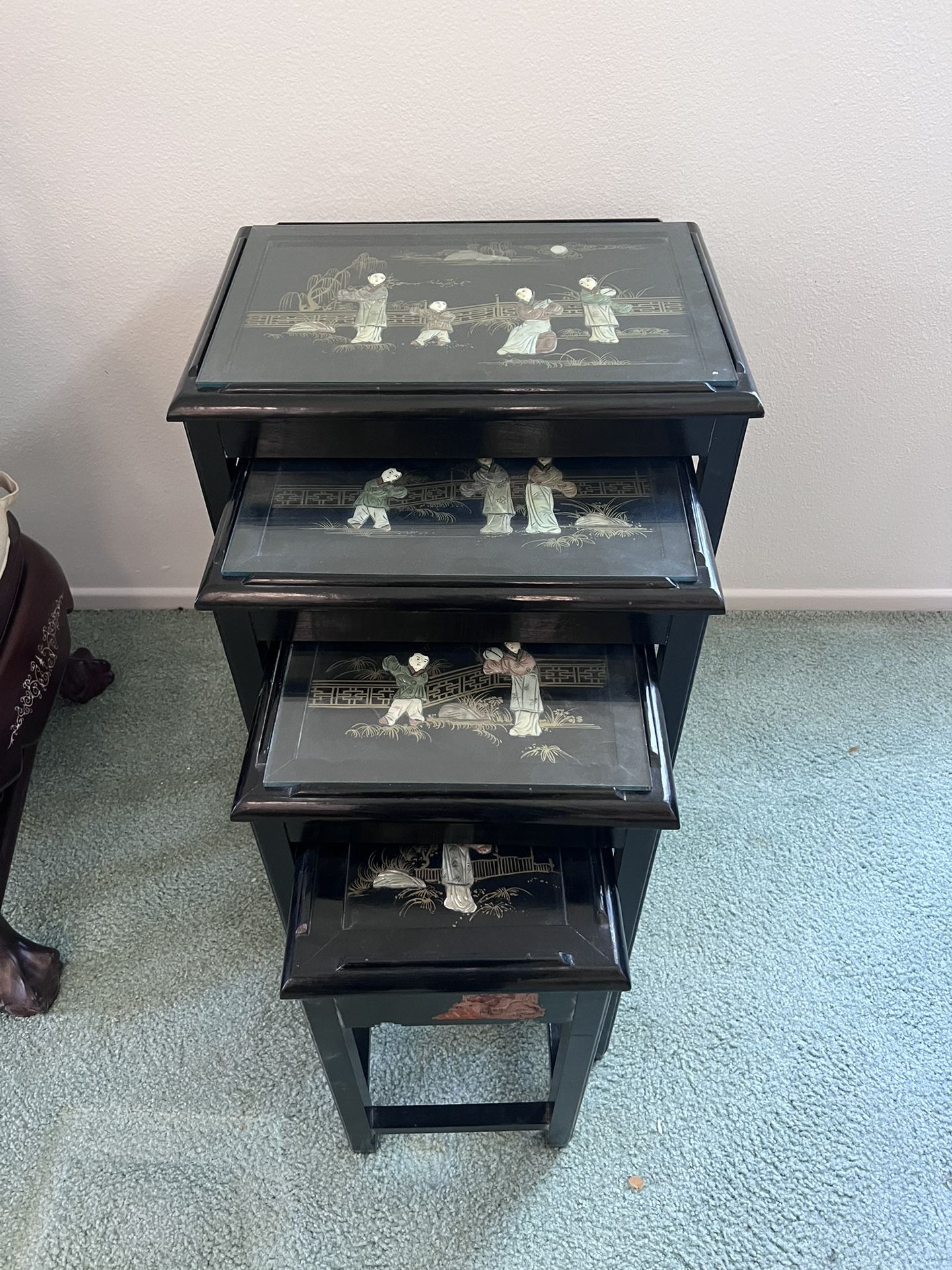 Oriental Furniture Black Lacquer Nesting 4 Tables Carved Geisha Ladies