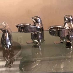 Pair Brand New Silver Plated Restoration Hardware Penguin Tea Light Candle Holder And Hanging Ornament