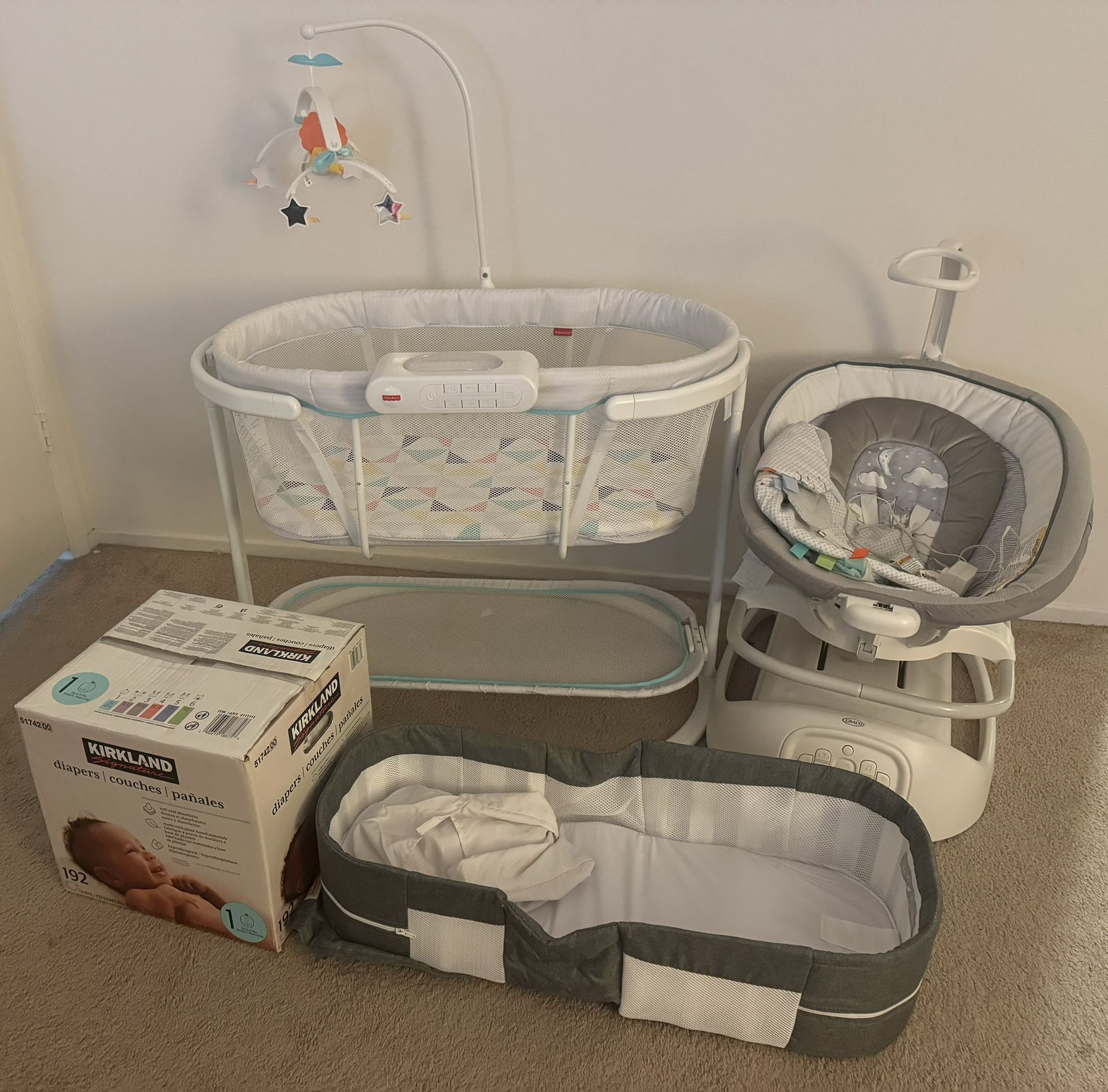 Baby Starter Bundle: Baby Swing, Baby Bassinet, Travel Bassinet, Diapers