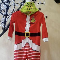 New Grinch One Piece Boys Size 4  Dr  Suess  With Hood Pajama Red Striped Full Front Zip NWT 
