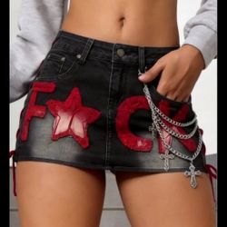 Letter Print Red Denim Mini Skirt For Women