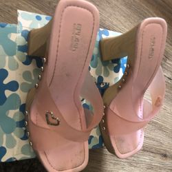 Pink /Clear With Wood Look Heels Size 7