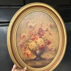 Vintage Oval Floral Still Life Wall Art Gold Frame Cottagecore French Oval Antique Print Boutique Wall Hanging Collectible Romantic 