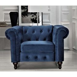 Modern Velvet Tufted Accent Sofa Couch Chair with Scroll Arms and Nailhead. (Blue)