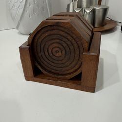 Vintage Teak Wood Octagon Coasters In Holder (Set Of 6)