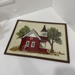 Vintage Crewel Embroidered Schoolhouse Wall Art, Framed Embroidery 
