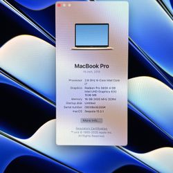 2018 Year 15 Inch Macbook Pro 2.6 Ghz, Six Core Intel I Seven 16 RAM, 512 SSD