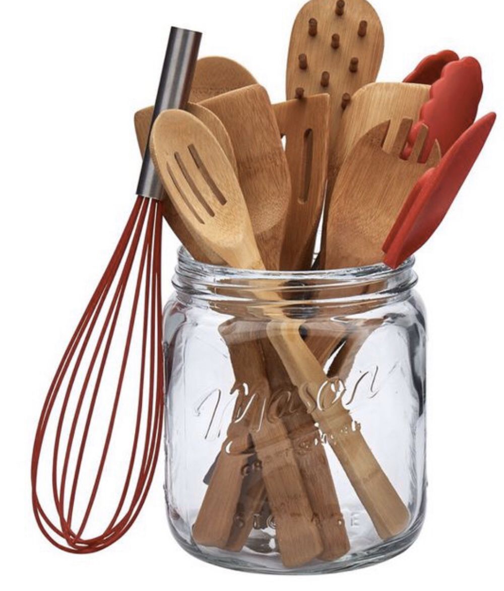 new Mason Jar Holder - 12- Piece tub of tools includes bamboo spoons silicone tools (pick up only)