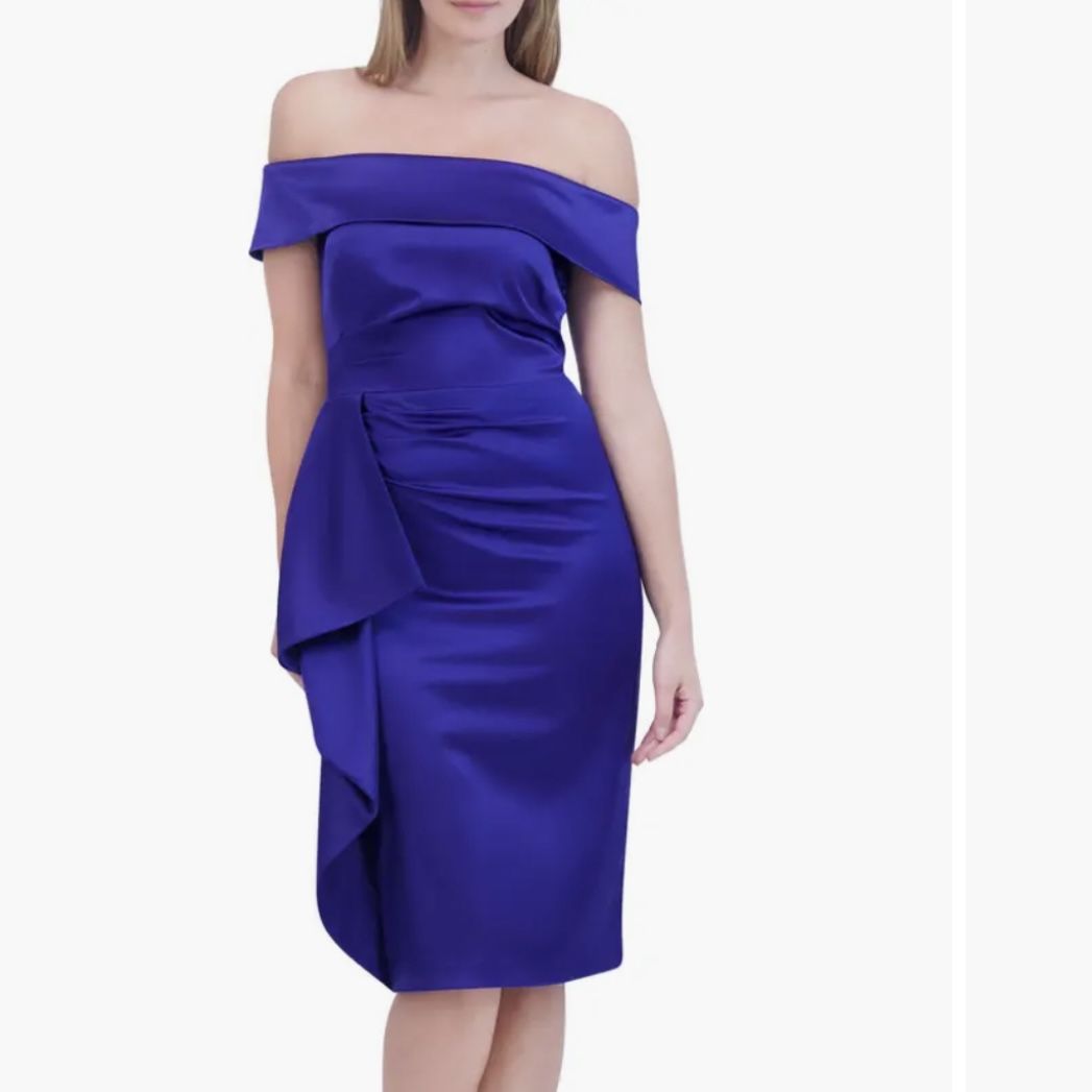New NWT Eliza J Size 8 Off The Shoulder Satin Cocktail Dress Gown Cobalt Blue Prom Party