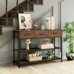 Console Table with Drawers, 43.3'' Hallway Entryway Table with 3 Tier Storage, Sofa Table for Living Room, Walnut