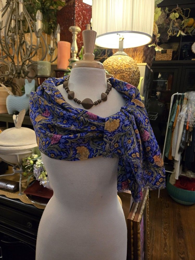 Pretty Floral Blue Scarf  With Mini Fringe