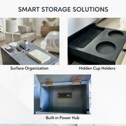 ✨ Slim Blue-Gray End Tables/Nightstands Set of 2 – Solid Wood with Built-In Charging Stations✨