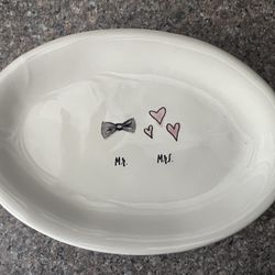 Rae Dunn Vintage Mr & Mrs Trinket Dish Oval  Wedding Tray Bow Tie Heart Pink Gray 