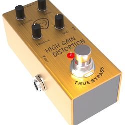 PGL High Gain Distortion Effect Pedal For Electric Guitar, TRUE BYPASS, Four Controls: Volume, Gain, Treble, Mid - 2 Adhesive Pads Included - (GP-HGD-