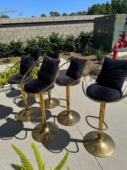Set of 6 Gold Bar Stools with Black Cushions