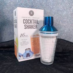 Cocktail Shaker Blue Stainless Steel Printed Glass 16 oz Barware Bar Silver One