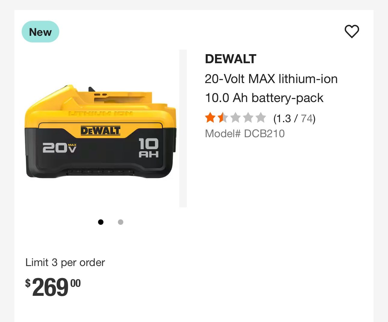 De Walt 20 Volt 10 AH Battery