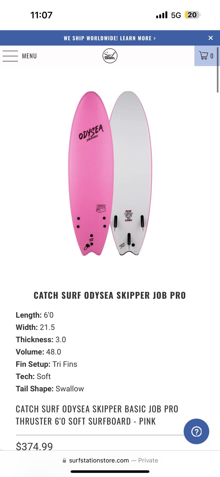 CATCH SURF ODYSEA SKIPPER BASIC JOB PRO THRUSTER 6'0 SOFT SURFBOARD - PINK
