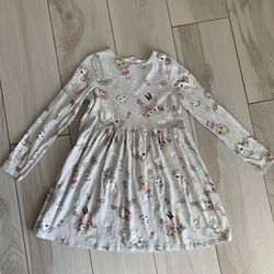 H&M Girls Gray Unicorn Anime Long-Sleeve Cotton Dress Size 8-10Y or 140cm. 