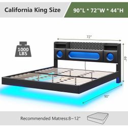 California King Floating Bed Frames with Hidden Storage Headboard and PU,Bed Frame with LED Lights , Black