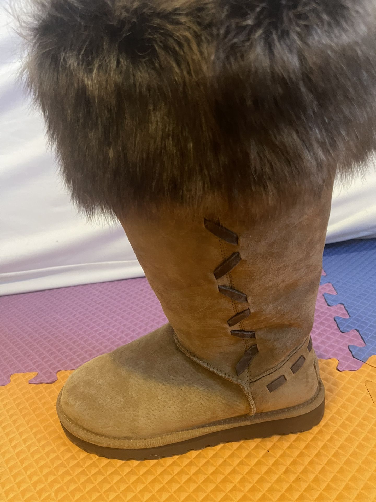 UGG Women's Rosana Chestnut Suede Fur Cuffed Winter Boot Size US 7