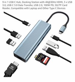 9 in 1 USB C Hub, Docking Station with 4K@30Hz HDMI, 3 x USB 3.0, USB C 3.0 Data Transfer, USB 2.0, 100W PD, SD/TF Card Reader, Compatible with Laptop