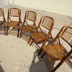 HALF PRICE MOVING SALE! Vintage MCM Tortoiseshell Scorched Bamboo Folding Rattan Chairs (Set Of 5)