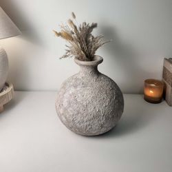 Rustic Hand-Painted Ceramic Round Bottle Vase 11" tall - Beige Wash