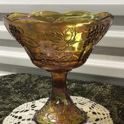 Vintage Indiana Carnival Glass Amber Gold Bowl On Pedestal 8” H