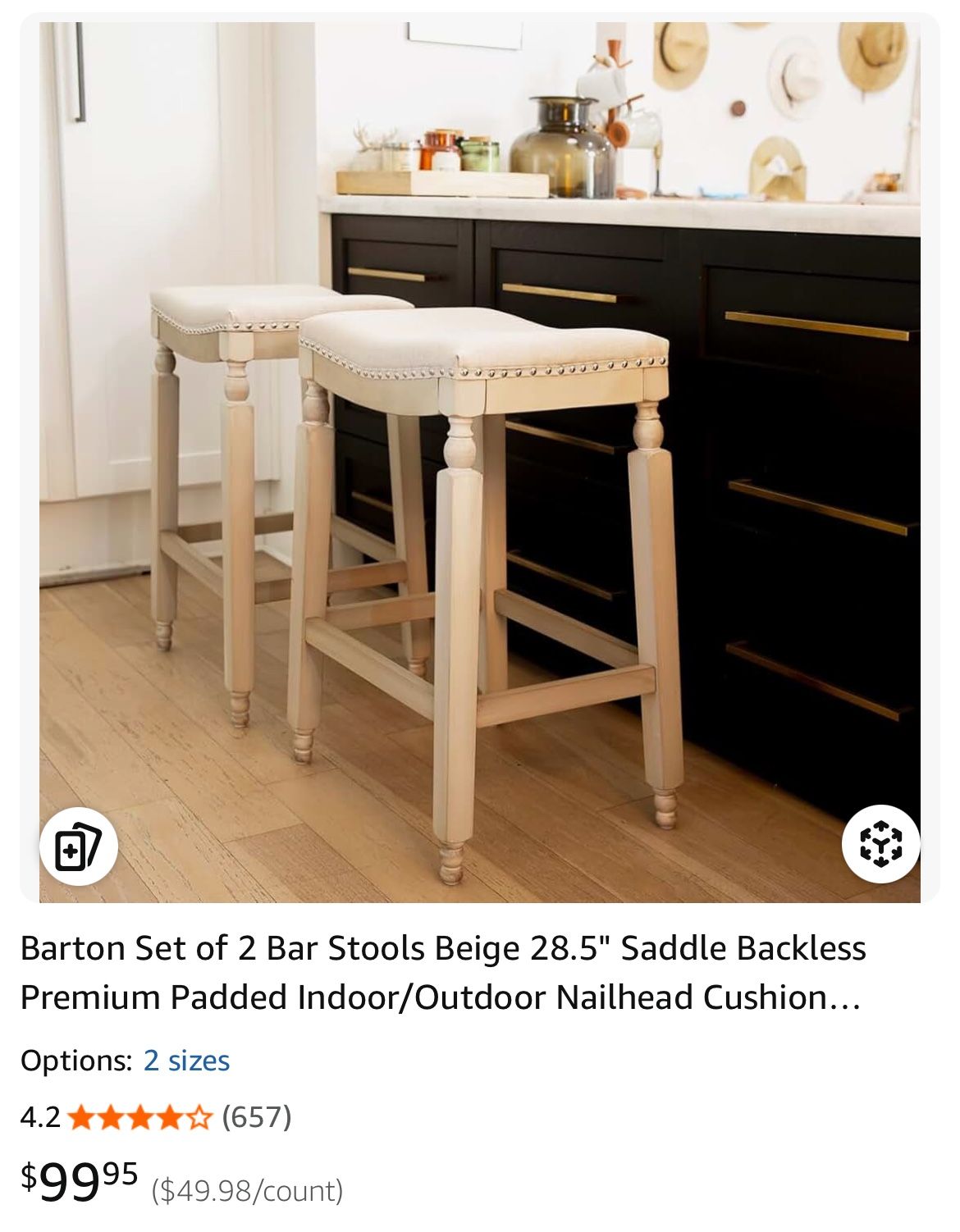 Barton Set of 2 Bar Stools Beige 28.5" Saddle Backless Premium Padded Indoor/Outdoor Nailhead Cushion Kitchen Counter Chairs Pub Seat Foot Rest 94036