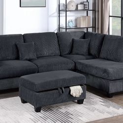 Black Corduroy Sectional Sofa With Ottoman Storage 