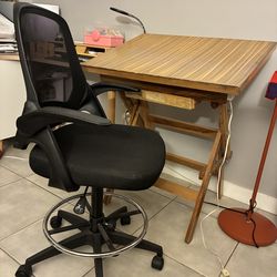 Wooden drafting table with built-in lighting with high chair with wheels g