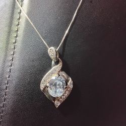 18inch 925 Silver Womens Chain And Silver Pendant With Real Diamonds Around The Crystal Gemstone