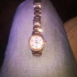 Women's Two  Tone  Fossil Watch With Chipped Diamonds And Pearl Color Inside  