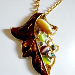 2" Gold and Brown Enamel Autumn Leaf with Multi-Colored Gemstone Accents Pendant on a 24" Gold Chain Link Necklace. No markings. Fashionable Costume J