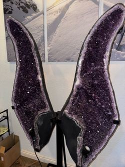 Large Matching Amethyst Cathedral Geode Pair w/ Metal Stand – Deep Purple Crystals