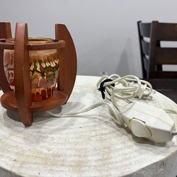 Vintage Art Glass Electric Oil Warmer Wax Tart Burner Tripod Wood Frame Dimmer WORKING