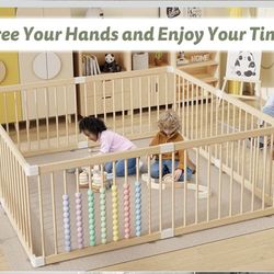 IKALIFE Large Wooden Baby Playpen - Size Adjustable Fence for Babies and Toddlers, 