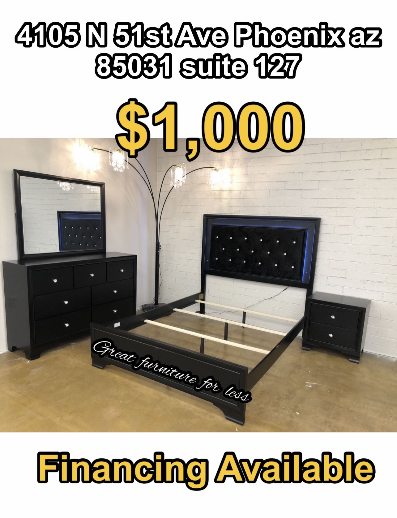 Queen Size Led Bedroom Set Black Include Bed Frame Dresser Mirror And 1 Nightstand Brand New