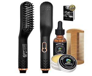 Beard Straightener w/Beard Balm & Beard Growth Oil & Beard Comb & Beard E-Book,Patented Design 3 in 1 Hair Straightener Brush Beard Straightening Comb