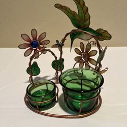 Vintage Stained Glass Dragonfly And Flower Votive Candle Holder