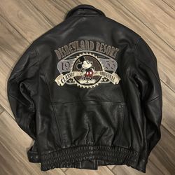 VTG BOHO 90s DISNEYLAND RESORT EMBROIDERED MICKEY MOUSE LEATHER JACKET SIZE M