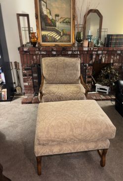 Vintage French Provincial Louis XV style bergère armchair with a matching ottoman