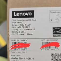 Lenovo-IdeaPad Slim 3x- Copilot+ PC-15.3"2k Touchscreen Laptop Qualcomm Snapdragon X-16GB Memory -256GB SSD- Luna Grey Brand New Sealed
