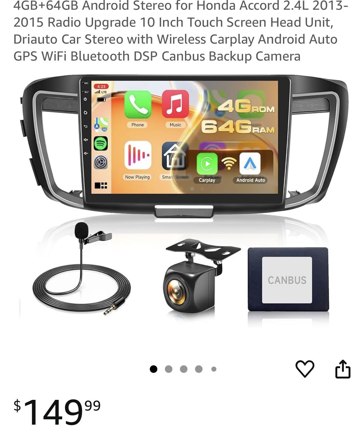 Android Radio Carplay Back Up Camera GPS 13-15 Accord 2.4