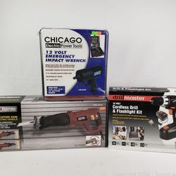 Chicago 12V Impact Wrench, Drill Master 18V Drill, Chicago Ele. Reciprocating Saw